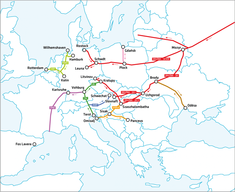 The oil pipeline network in Europe - Mero ČR
